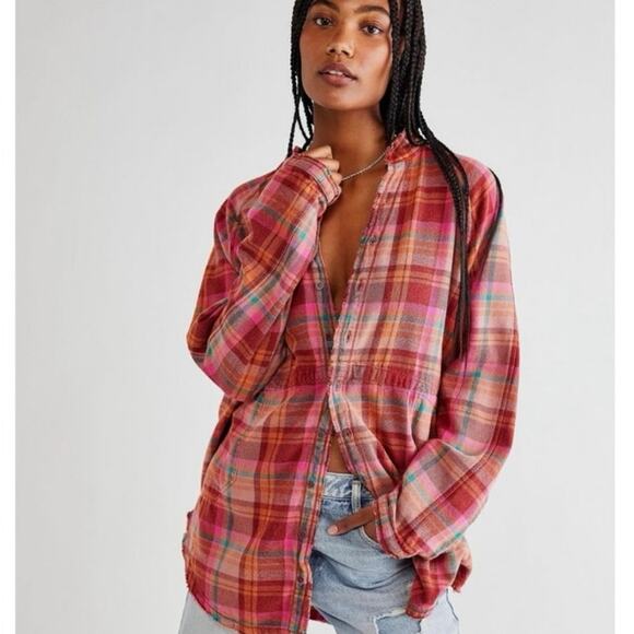 Free People We The Free Summer Daydream Plaid Button Up Shirt Berry Oversized M - Picture 1 of 9
